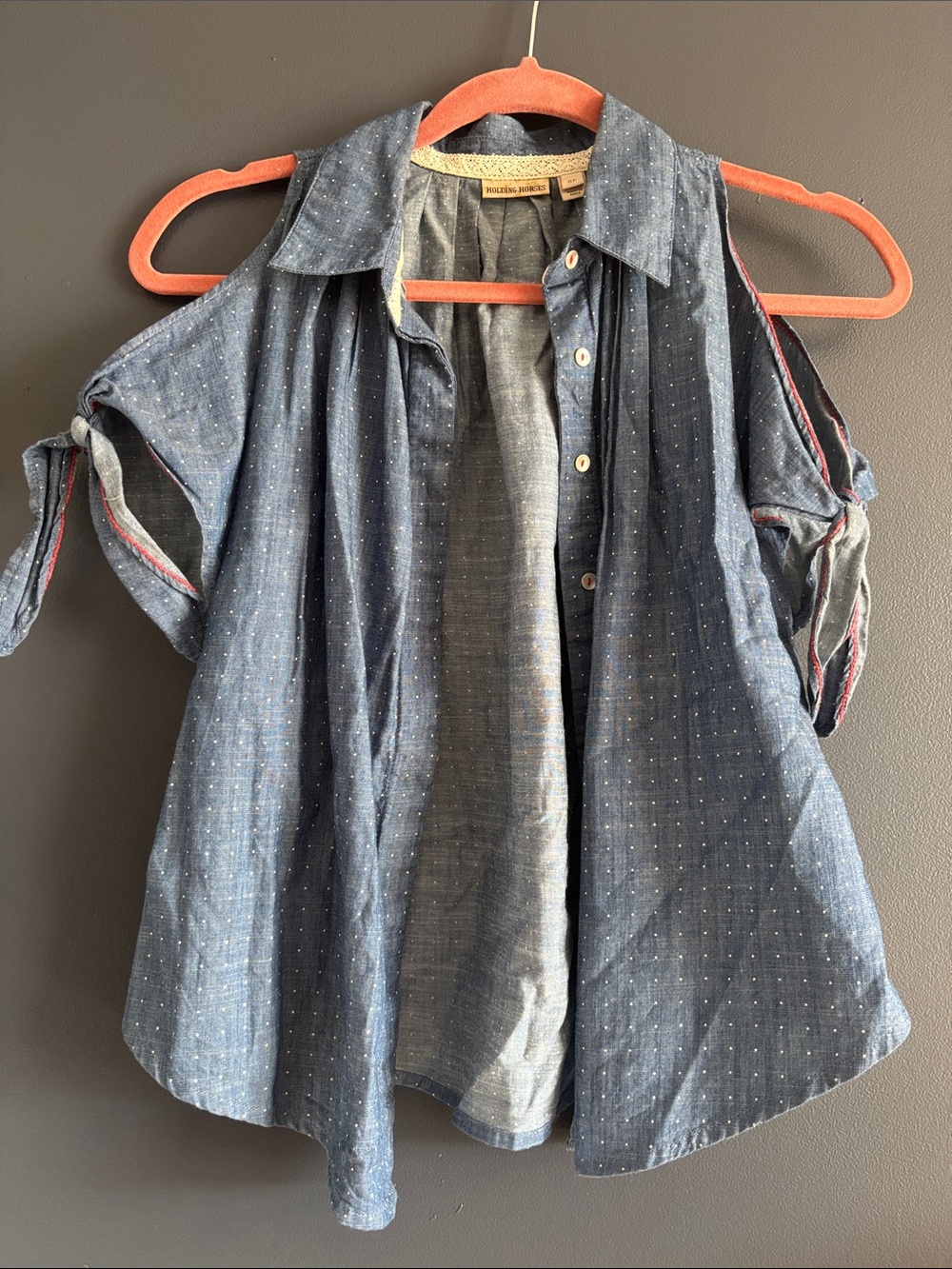 HOLDING HORSES Chambray Blue Dot Cold-Shoulder Blouse